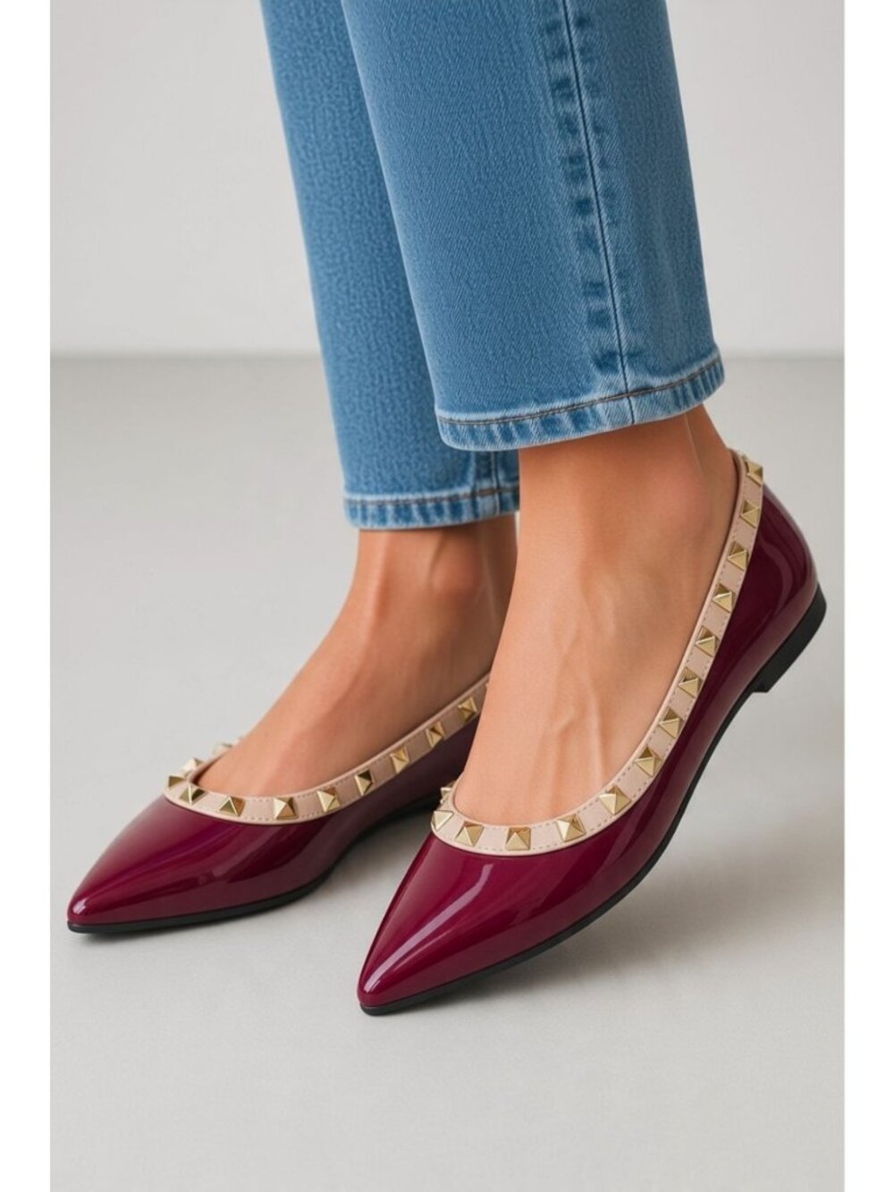 Burgundy Wine Patent Leather Pointed Toe Flats Gold Studded Chic Ballet Shoes